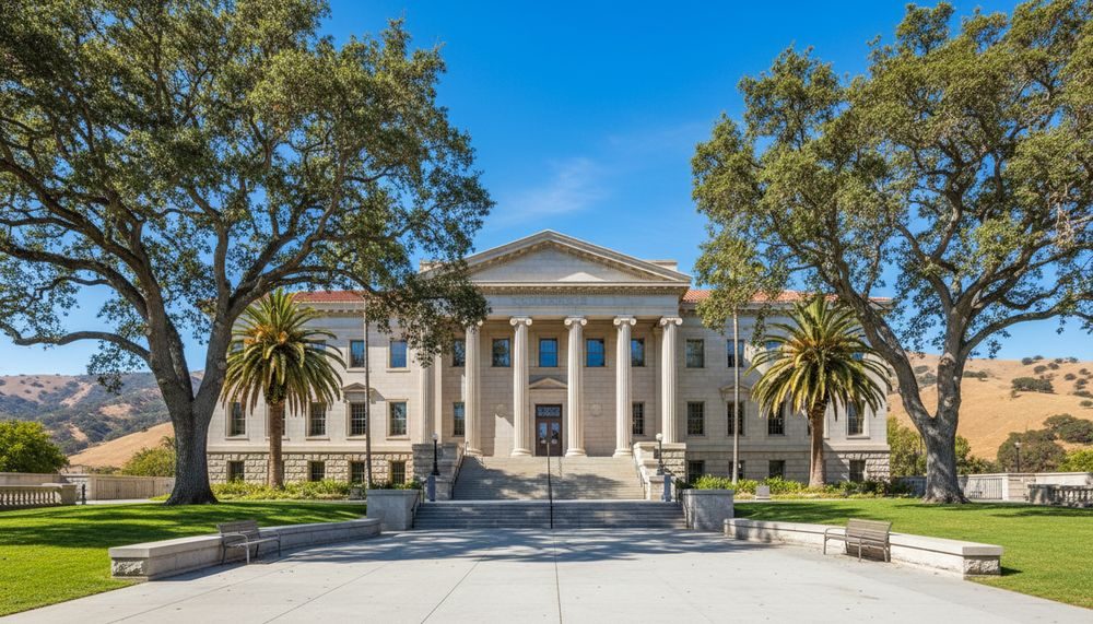 A California civic courthouse building framed by oak trees and palms under a clear sky