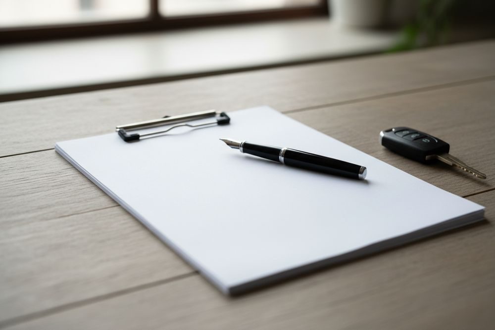 A clipboard, a pen and a set of car keys on a desk beside a window — the paperwork side of insuring a car in California