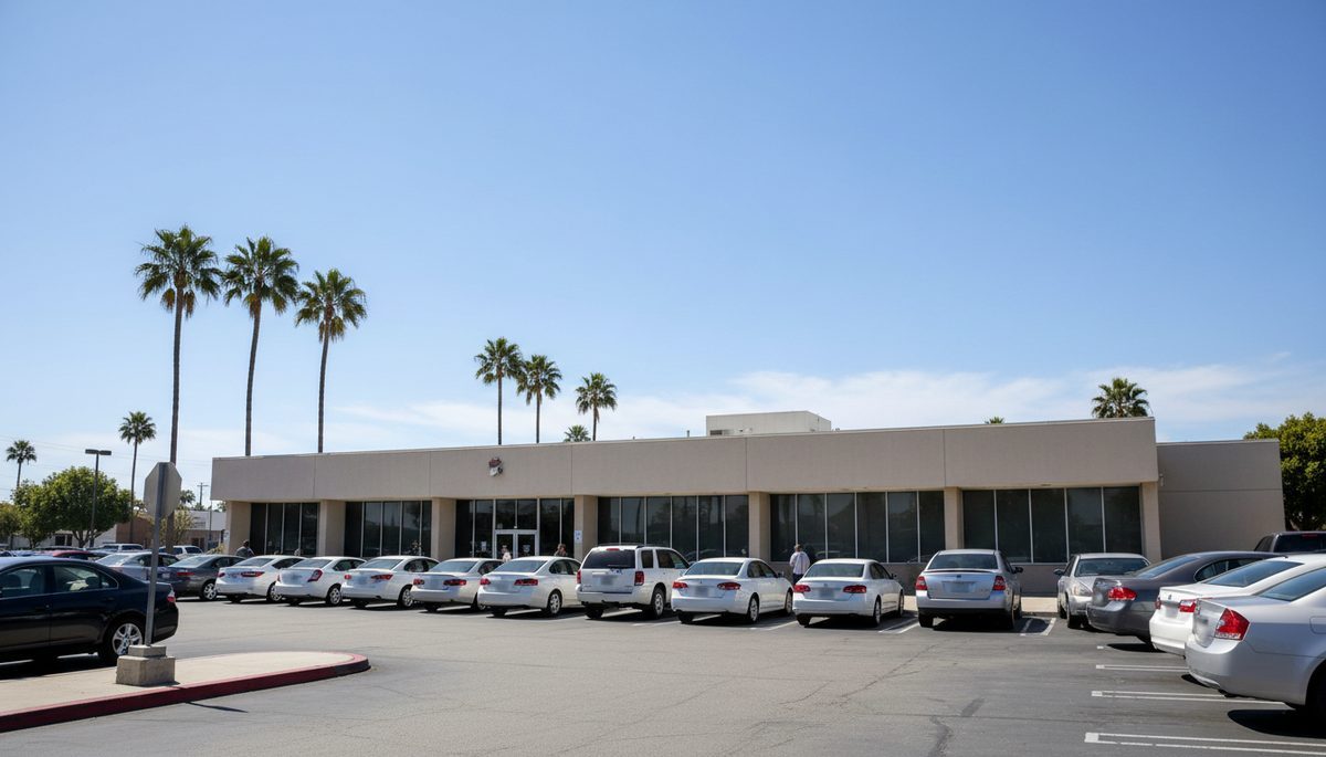 A low California government office building with a full parking lot and palm trees under a clear sky